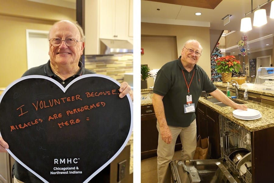 Two photos of older man. On the left, he holds a sign that says "I volunteer because miracles are made here." On the right, he's emptying a dishwasher and smiling.