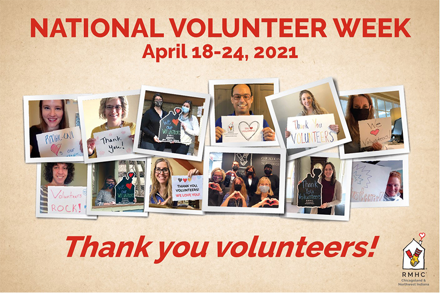 Collage of photos of staff members holding signs that say "Thank you volunteers" below text that reads "National Volunteer Week, April 18-24"