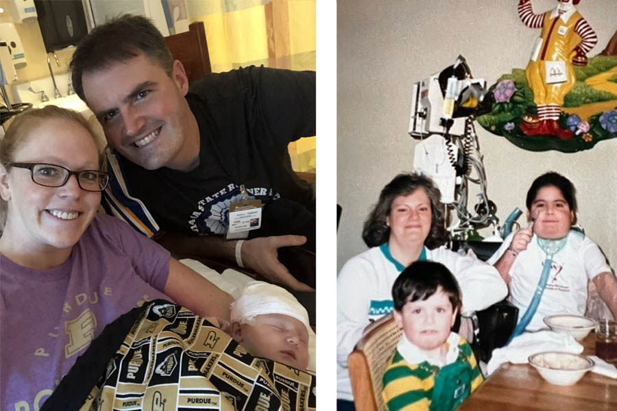 On the left, a mom and dad smile holding their baby in the hosiptal. On the right, a photo from the late 1980s shows a mom and two boys, one hooked up to a ventilator, at a dining room table.